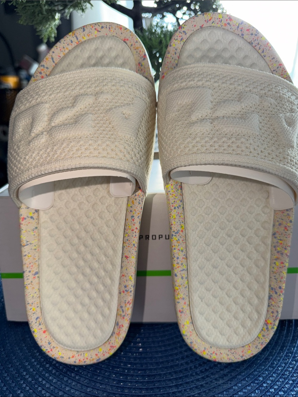 APL White Slide Sandals with Multicolor Speckled Trim
